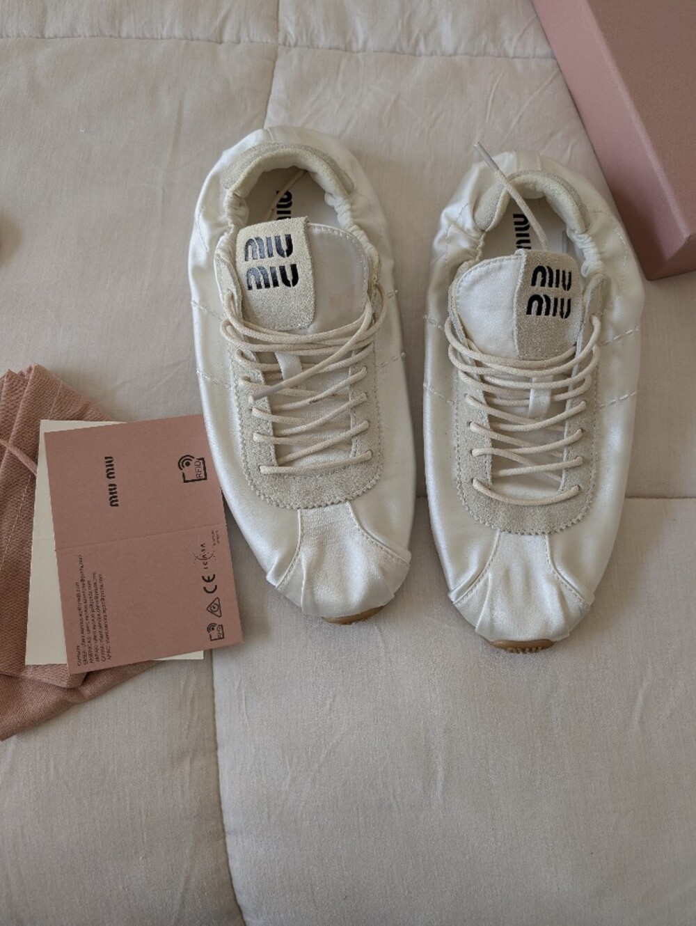 Miu Miu Ivory Satin Lace-Up Trainer Sneakers